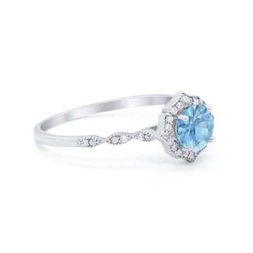 Petite Dainty Wedding Ring Round Simulated Aquamarine CZ 925 Sterling Silver